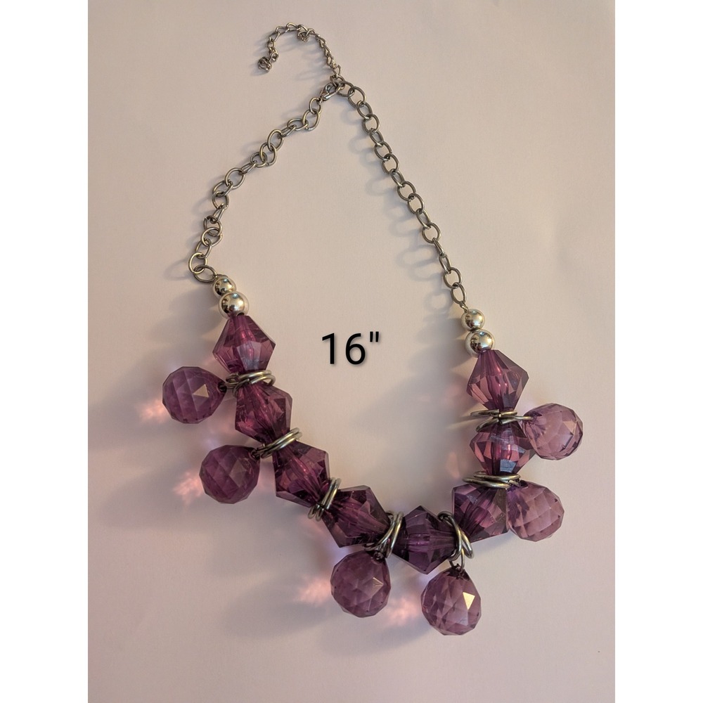 Purple‎ Faceted Bead Statement Necklace Silver Tone Adjustable Chain 16 Inch